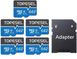 TOPESEL 5-Pack 64GB Micro SD Card Class 10 Micro-SDXC Memory Card UHS-I, High Speed Flash TF Card for Security Camera/Smartphone/Drone/Dash Cam/Tablet/PC, C10, U1, 64GB 5Pack