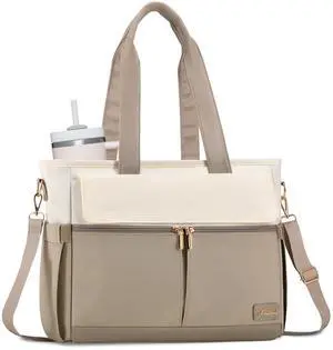 LOVEVOOK Upgrade Version Work Bags for Women 15.6 Inch Laptop Bag Large Capacity Mutiple Pockets Teacher Bag Water Resistant Canvas Tote Bag Purse for Office Travel College Nurse Teacher, Khaki Beige