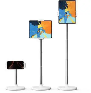 OATSBASF Tablet Floor Stand Holder, Height Adjustable(12-34.6 inch) 360° Rotatable iPad Stand with Heavy Base, Adjustable Holder for 4"-12.9" Devices Including iPhone, iPad, Kindle, Switch, White