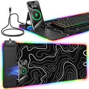 RGB Mouse Pad with Foldable Phone Stand & Wireless Charger, 31.5"x11.8" XL Gaming Mousepad Large Desk Mat, Desk Pad with Dual Charging for Phone & AirPods | 11 Colors & 5 Modes | Waterproof