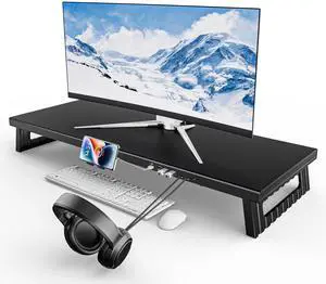 GECKOSTROLL All-Metal Foldable Monitor Stand with 28cm Wide Desktop,, Headphone & Mic Jack, Detachable Phone Holder, (USB Hub Fast Charging Version, 760mm)