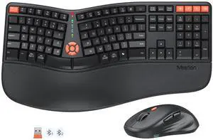 MEETION Ergonomic Keyboard and Mouse, 2.4G Wireless/Bluetooth Split Keyboard with Cushioned Palm Rest, 4 DPI Adjustable Mouse, Full Size Multi-Device Keyboard for Windows/Mac/PC/Laptop, Black