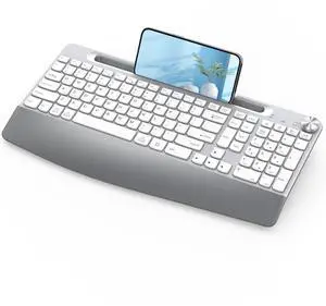 JOYACCESS Ergonomic Wireless Keyboard, 2.4GHz Cordless USB Full-Size Keyboard with Wrist Rest, Quiet Design & Numeric Keypad, Phone Holder for Desktop, Laptop, PC, Mac, Windows -Silver White