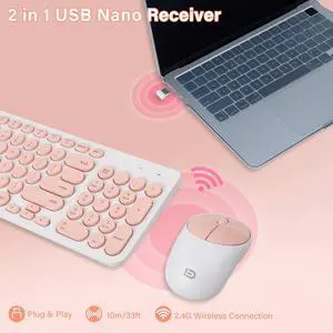 XuanGui Wireless Keyboard Mouse Combo Round Keycaps,Full Size Retro Typewriter Keyboard,Intelligent Sleep Mode,Ultra Slim Portable,2.4GHz Cordless Connection for Mac/Windows/PC Computer/Laptop(Pink)