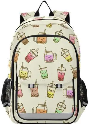 Krafig Bubble Milk Tea Funny Backpack Girls Boys Elementary School Bags Bookbags Laptop Backpack Travel Daypack Safe Reflective Stripes