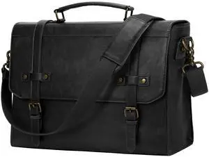 RAINSMORE Mens Messenger Bag 18 Inch Waterproof Vintage Leather Laptop Briefcase Large Laptop Bag Satchel Bag Computer Shoulder Bag for Office Business Travel College,Black