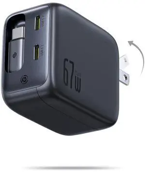 Baseus Enercore CJ11 Retractable USB C Charger, 67W 3 in 1 Fast Charging Block with Foldable Plug, PD/PPS for Galaxy S25/iPhone 17/16/15 Series/MacBook Air/Airpods 4
