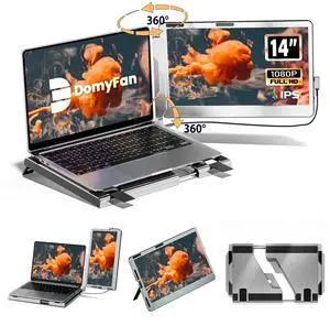 domyfan 14" Portable Monitor for Laptop, 360° Rotation Laptop Screen Extender with Stand, 1080P FHD IPS Display, HDMI/USB-A/Type-C Plug and Play for Windows, Mac, PC, Xbox, Switch & PS4/5