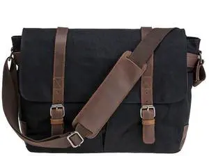 Vintage Genuine Leather Waxed Canvas Briefcase Large Satchel Shoulder Bag Rugged Computer 15.6" Laptop Bag