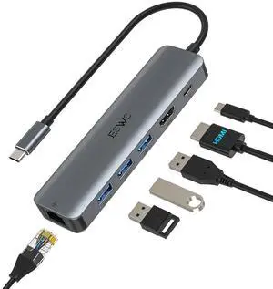 USB C Hub, JESWO USB C Multiport Adapter Hub with RJ45 Ethernet, 4K HDMI, 100W PD, 3 USB 3.0 Port, Type C Dock for Thunderbolt 3 Laptop MacBook Air/Pro, iPad Pro M1/M2, Mac Min