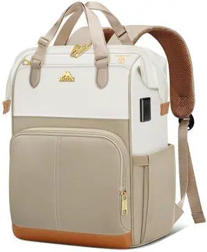 MATEIN Anti Theft Backpack for Women, 15.6 Inch Commute Work Backpack with Theftproof Zippers & RFID Pocket, Water Resistant Fashion Teacher Bag with USB Charging Port for Travel, Beige Khaki