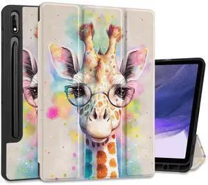MEEgoodo Case for Samsung Galaxy Tab S9/S9 FE 11 inch Cover 2023 with Pen Holder, Protective Tablet Cover with Leather Folding Stand + Soft TPU Back Shell + Smart Auto Wake/Sleep, Giraffe