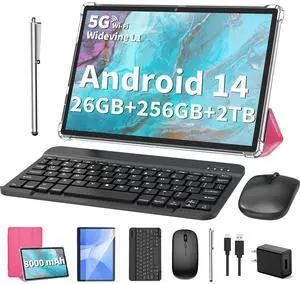 2025 Tablet, Android 14 Tablets 10 inch with Keyboard, 26GB RAM+256GB ROM(2TB Expand), 2-in-1 Tablets with 8-Core, 8000mAh, 5G WiFi, Widevine L1, GMS, with Case, Keyboard, Mouse, Stylus (Pink)