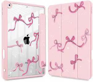 Tuiklol for iPad 10.2 case 2021 Gen 9th Release Built in Pencil Holder - Trifold Stand-Auto Wake/Sleep TPU Protection Stand Clear Back Cover for 2020 2019 [8th/7th] iPad 10.2 Case,Bow-Pink