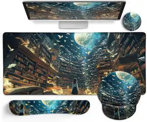 LIMKRIAN Anime Book Mouse Pad Set Large Desk Matt for Desktop, Ergonomic Mouse Pad with Wrist Rest, Gaming Mousepad Wrist Support Keyboard Mat Cup Coaster Set Cute Desk Accessories for Women Girl