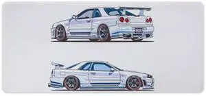 QEOPGNE Car Gaming Mouse Pad Large Mousepad Anime JDM White Blue Sport Car Minimalist R34 Big Computer Desk Mat Desk Pad for Keyboard and Mouse Mat Non-Slip Base 40x90cm