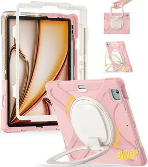 BRAECN for iPad Air 13 Kids Case M3 2025/ M2 2024 & iPad Pro 12.9 Case (6th/5th4th/3rd Gen), Heavy Duty Silicone Cover with 360 Swivel Ring Stand/Kickstand/Shoulder Strap/Pencil Holder, Sakura Pink
