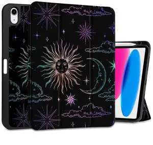 DONGKE Case for iPad 11th Generation 11 Inch 2025 (A16 Chip) & iPad 10th Generation 10.9 Inch 2022 with Pencil Holder-[Auto Wake/Sleep], Trifold Stand Soft TPU Protective Cover, Sun & Moon