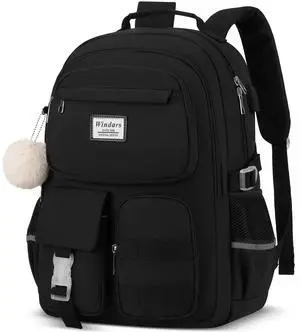WINDARS School Backpack for Teen Girls, Cute Laptop Backpack for Women Students, Middle High School Bags Aesthetic Bookbag for College Travel Fit 15.6 Inch Laptop (Black)