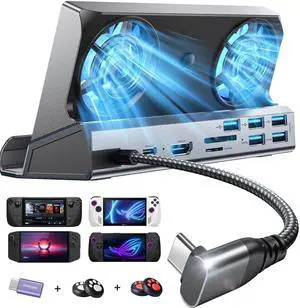 LISEN 10 in 1 Docking Station for Steam Deck OLED/ROG Xbox Ally X/Legion Go, Dual Cooling Fan 5 USB Ports and 4K@60Hz, 100W Charging Port Support ROG Ally, Gigabit Ethernet Fit for Steam Deck OLED