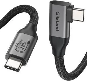 Silkland 80Gbps Right Angle USB 4 Cable for Thunderbolt 5 Cable 6.6FT, 120Gbps Bandwidth for 16K/Dual 8K, 240W, 90 Degree Braided USB C Video Cable Compatible Thunderbolt 4/5, MacBook M4 Pro,Dock,eGPU
