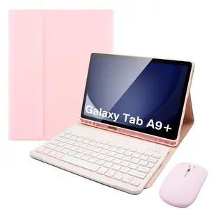 Keyboard Case for Samsung Galaxy Tab A9 Plus 11 Inch - 7 Colors Backlit Wireless Detachable Folio Keyboard Cover with Pencil Holder, Bluetooth Mouse for Tablet A9+,Pink