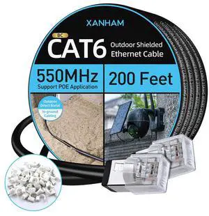 XANHAM Cat6 Shielded Outdoor Ethernet Cable 200 Feet Waterproof and UV Resistant Direct Burial Jacket 23AWG Solid Copper Cat 6 FTP Network Cable, for POE and Internet Cabling Application