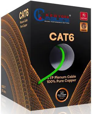 NewYork Cables | CAT6 Plenum Cable 1000ft Green | UL & ETL Listed CMP, 100% Pure Copper, UTP, 550MHz, 23AWG, 4Pair 10GB, PoE++ | Most Certified Plenum-Rated Fire-Resistant Bulk Cat 6 Ethernet Cable