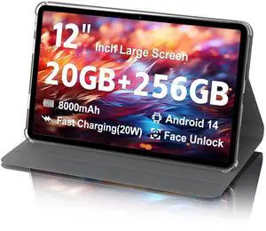 2025 Android Tablet, 12 inch Large Screen Tablet with Case, 20GB RAM 256GB ROM, T616 2000x1200 Touch Screen, 5MP+15MP Dual Camera, Type-C Port, Support 18W Fast Charge, 8000mAh Battery, Metal Grey