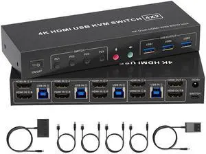 4K HDMI KVM Switch 2 Monitors 4 Computers, Dual Monitor and 2 HDMI USB 3.0 KVM Switches 4K@60Hz,Support Extended/Mirror Mode Share 3 USB 3.0 Ports with Desktop Controller, Adapter Included