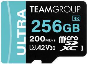 TEAMGROUP A2 Ultra Card 256GB Micro SDXC UHS-I U3 A2 V30, R/W up to 200/150 MB/s with Adapter TULMSDX256GIA2V3022503