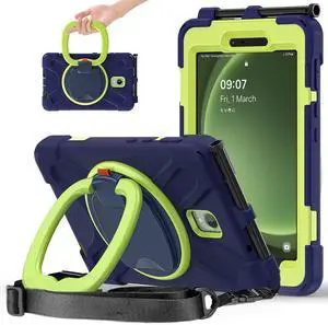 FONREST Rugged Case for Samsung Galaxy Tab Active5 5G (SM-X306B/X300) w/ 360° Rotating Hanging Ring Handle Grip Kickstand Heavy Duty Shock-Proof Armor Cover w/Shoulder Strap, Stylus Holder(Navy+Lime)