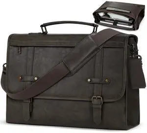 RAINSMORE Mens Messenger Bag 17 Inch Waterproof Vintage Leather Laptop Briefcase Large Computer Laptop Bag Satchel Bag Retro Shoulder Bag,Coffee
