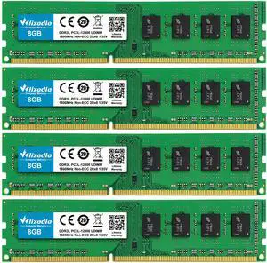 Wlizedle DDR3/DDR3L 32GB Kit (4x8GB) RAM 1600MHz CL11 UDIMM, Desktop Memory Module PC3-12800/PC3L-12800 240-Pin 1.35V/1.5V 2Rx8 Dual Rank Non-ECC Unbuffered PC Computer RAM Stick Upgrade - Blue