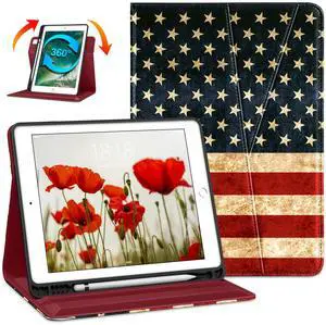 DTTO Rotating Case for iPad 6th / 5th Generation 9.7 Inch 2018/2017, iPad Air 2 / Air 1 Case, 360 Degree Swiveling Premium Leather Folio Stand Cover with Pencil Holder - Auto Wake/Sleep, US Flag