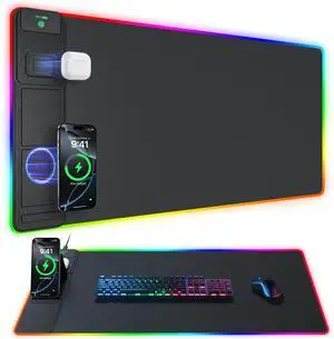 abc.mat 4-in-1 RGB Gaming Mouse Pad with Wireless Charging & Phone Stand, 31.5"x15.8" Large, 24 Light Effects, Non-Slip Base, Waterproof Ultra-Smooth Surface, with Adatper