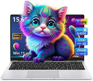 15.6 inch Laptop, Laptop Computer N4000 Processor, Laptops with 12GB LPDDR4 256GB SSD, Silver Traditional Laptop Computers for Work & Study, 180° Angle Open, Dual-Band WiFi, BT 4.2, Long Battery Life