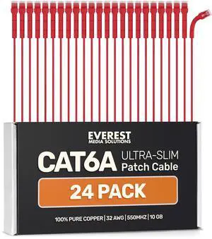 Everest Ultra Slim Cat6a Ethernet Patch Cables 1.5ft (24-Pack) Red - 10GB Cat 6a Patch Cable - Bendable, Flexible & Thin Ethernet Cable - Space Saving 32AWG 550MHZ Cat6a Cables - 100% Copper Wires