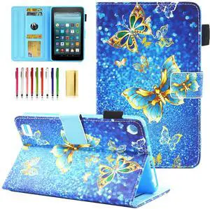 UUcovers for Amazon Kindle Fire 7 Case 9th/7th/5th Generation (2019/2017/2015) 7 with Stand/Pencil Holder/Card Pockets [Auto Wake/Sleep] PU Leather Folio Smart Magnetic Cover, Blue Gold Butterfly
