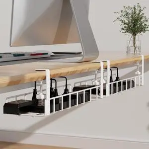 2 Pack Cable Management Under Desk Tray, Xpatee 31.4" No Drill Wire Organizers with Upgraded Clamp, Metal Cord Organization, PC Cable Management Rack, White