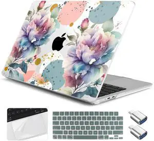 Yebiseven Case for M4/M3 MacBook Pro 16 inch 2024 2023 2021 Model A3403/A3186/A2991/A2485/A2780, Hard Shell Case with Keyboard Cover & Trackpad Protector & OTG Adapter, Peonies Flowers