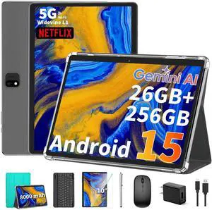 2025 Android 15 Tablet with Keyboard, 26GB(6+20)RAM+256 Storage(Expand to 2TB), 8000mAh Battery, Widevine L1, 10 Inch 2-in-1 Tablets with 5G/2.4G WiFi, BT5.0, GMS Certified, Mouse, Case, Stylus(Green)