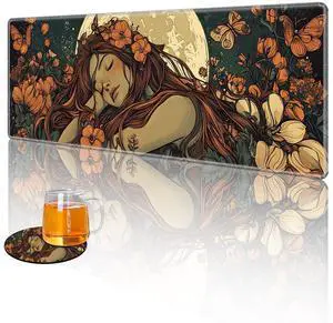 Tudguiloae Large Gaming Mouse Pad with Coaster Edge Stitching Moonlight Girl Keyboard Mouse Mat for Desk Household Extended Desktop Long Mouse Pad Polyester Surface and Non-Slip Rubber Base