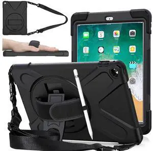 DreamerX for iPad Air 2 (2nd Generation) Case 9.7 inch 2014, Kids Case for iPad A1566/A1567 Shockproof Drop Protective iPad Air 2 Covers with Rotating Stand Hand Strap Shoulder Strap Pen Holder, Black
