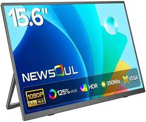 Newsoul Portable Monitor 15.6 Inch, 125% sRGB Laptop Monitor Built-in 0~180°Adjustment Stand | Speaker | VESA, HDMI USB-C Plug&Play, Ultra-Thin Second Extender Screen for Phone Game Console