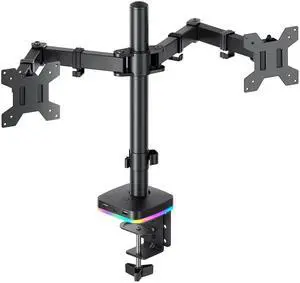 RGB Dual Monitor Stand for 2 Screens Fully Adjustable Monitor Desk Mount Sturdy Stepped Arm Design up to 17.6lbs Desk Mount with RGB USB & USB-C High Speed Data Transfer C-Clamp 75x75/100x100 VESA