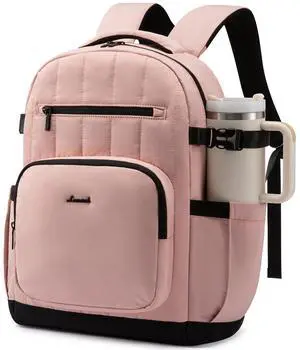 LOVEVOOK Laptop Backpack Women with Pouch Pocket for Large Capacity Cup,15.6 Inch Lightweight Puffer Computer Laptop Bag Quilted Travel Backpack Purse for Work College Teacher Personal Item,Pink-Black
