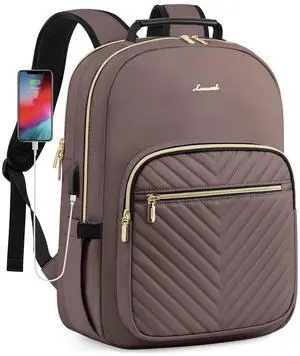 LOVEVOOK Laptop Backpack Purse for Women, Large Capacity Travel Business Computer Work Bag, Quilted Casual Nurse Backpack for Womens, Fit 15.6 Inch Laptop with USB Port, Brown