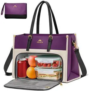 MATEIN Lunch Tote Bag for Women, 15.6 Inch PU Leather Laptop Briefcase with Insulated Lunch Compartment, Large Capacity Professional Computer Work Handbag with Purse for Office Nurse Teacher, 2 Sets