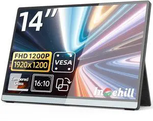 Intehill 14" Portable Monitor, WUXGA 1920x1200 Portable Screen with Full-Covered Tempered Glass, 16:10 USB-C HDMI External Display with Speakers & Stand, Travel Monitor Second Screen for Laptop, F14ZA